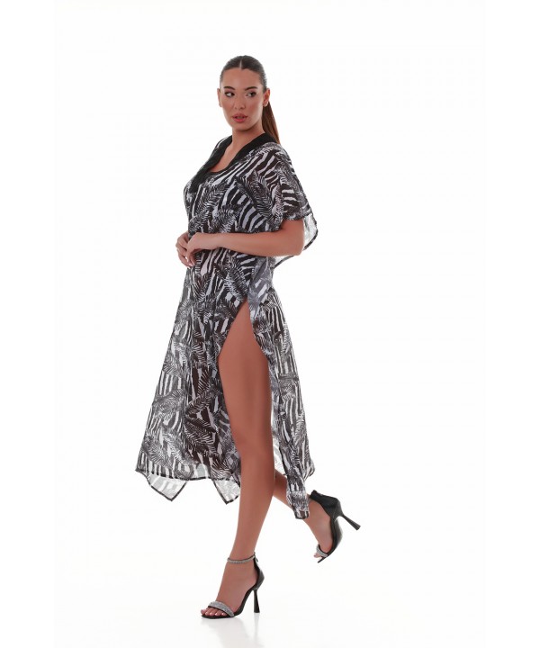 'BLACK AND WHITE' PRINTED LONG KAFTAN IN V-NECKLINE