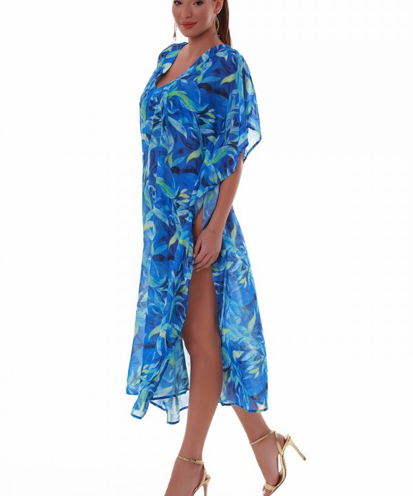 'BLUE LAGOON' PRINTED LONG KAFTAN IN V-NECKLINE