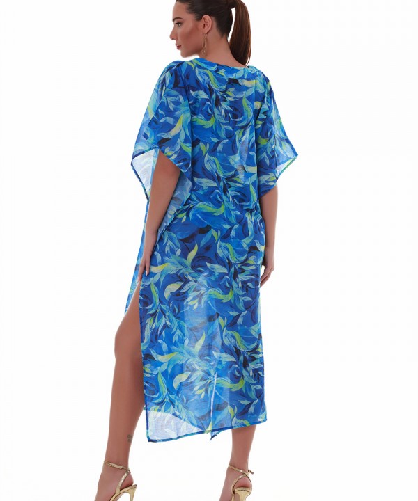 'BLUE LAGOON' PRINTED LONG KAFTAN IN V-NECKLINE