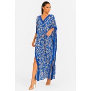 'TRUE BLUE' PRINTED LONG KAFTAN IN V-NECKLINE