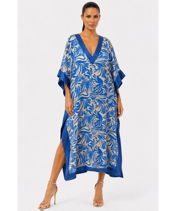 'TRUE BLUE' PRINTED LONG KAFTAN IN V-NECKLINE