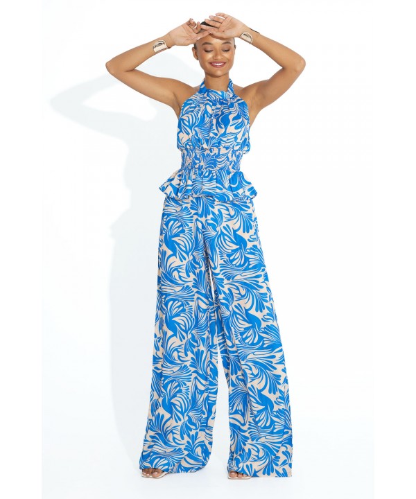'TRUE BLUE' HALTER BLOUSE WITH ELASTICATED WAIST